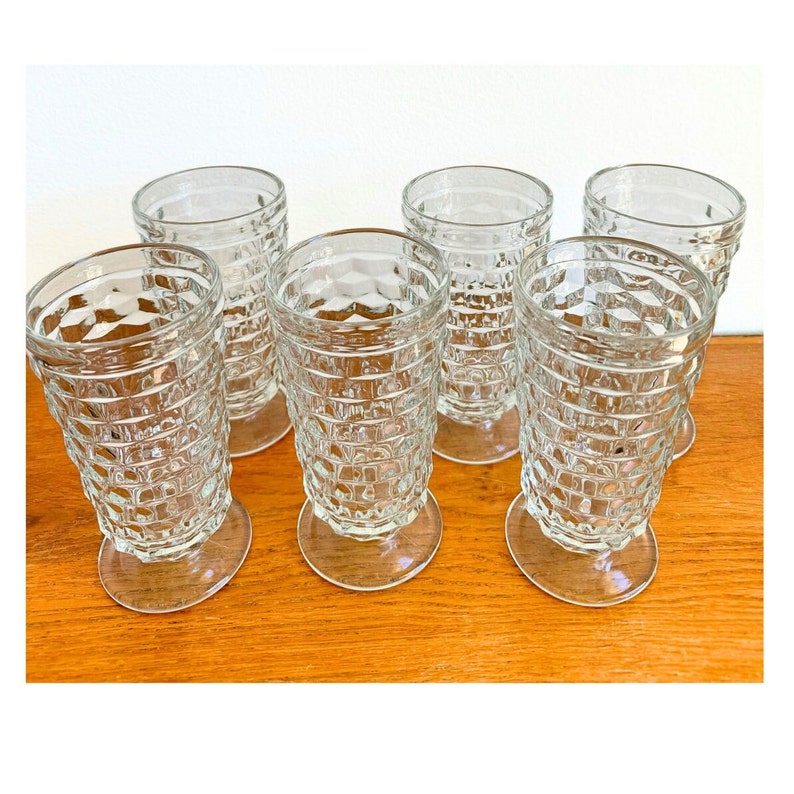 Whitehall Clear Iced Tea Glasses by Colony, Thumbprint Stacked Cube Pattern, 1964 Vintage Barware, Wedding Glassware, Boho Juice Glasses 画像 3