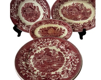 Assorted Vintage Pink Transferware 'Avon Cottage' by Thomas Hughes & Sons, Staffordshire, England, Red Underglaze Plates and Bowls Gifts