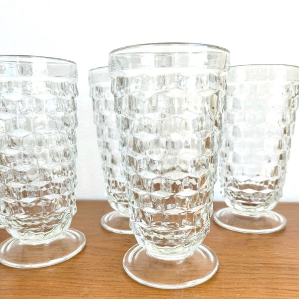 Whitehall Clear Iced- Tea Glasses by Colony, Thumbprint Stacked Cube Pattern, 1964 Vintage Barware, Wedding Glassware, Boho Juice Glasses