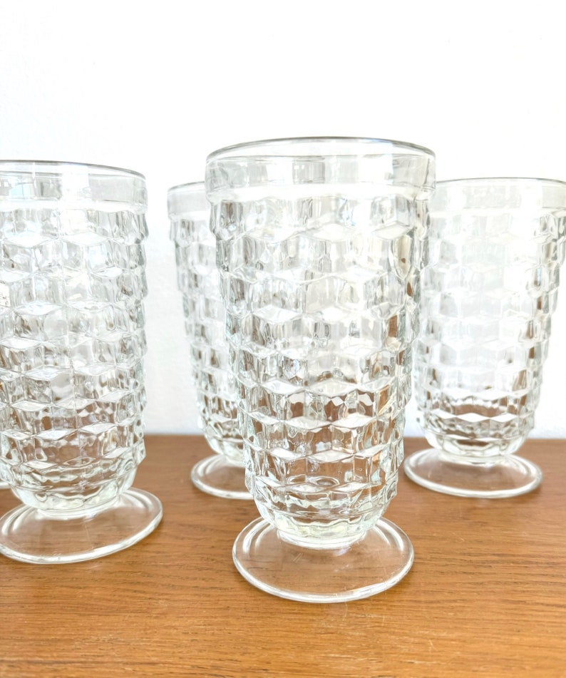 Whitehall Clear Iced Tea Glasses by Colony, Thumbprint Stacked Cube Pattern, 1964 Vintage Barware, Wedding Glassware, Boho Juice Glasses 画像 1
