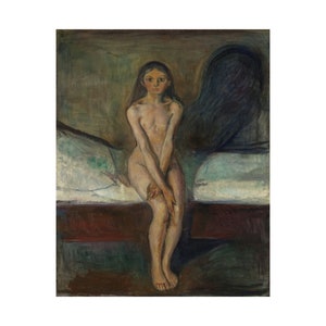 May include: A painting of a nude woman sitting on a bed. The woman has long dark hair and is looking directly at the viewer. The background is dark and shadowy. The painting is done in a style that is reminiscent of Edvard Munch's 'The Scream.'