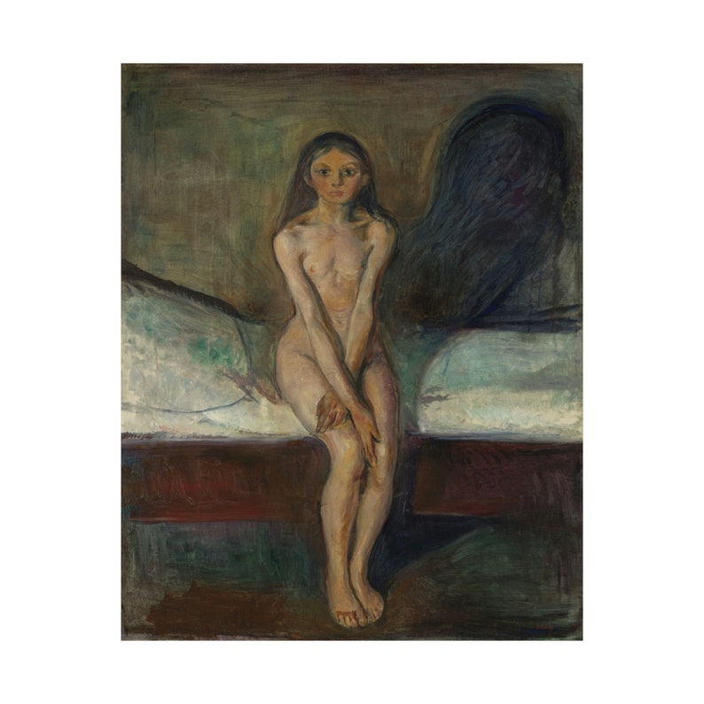 May include: A painting of a nude woman sitting on a bed. The woman has long dark hair and is looking directly at the viewer. The background is dark and shadowy. The painting is done in a style that is reminiscent of Edvard Munch's 'The Scream.'