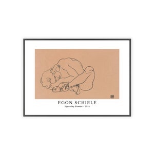 May include: A black and white line drawing of a person in a squatting position. The drawing is on a light brown background. The text "EGON SCHIELE" and "Squatting Woman - 1918" is below the drawing.