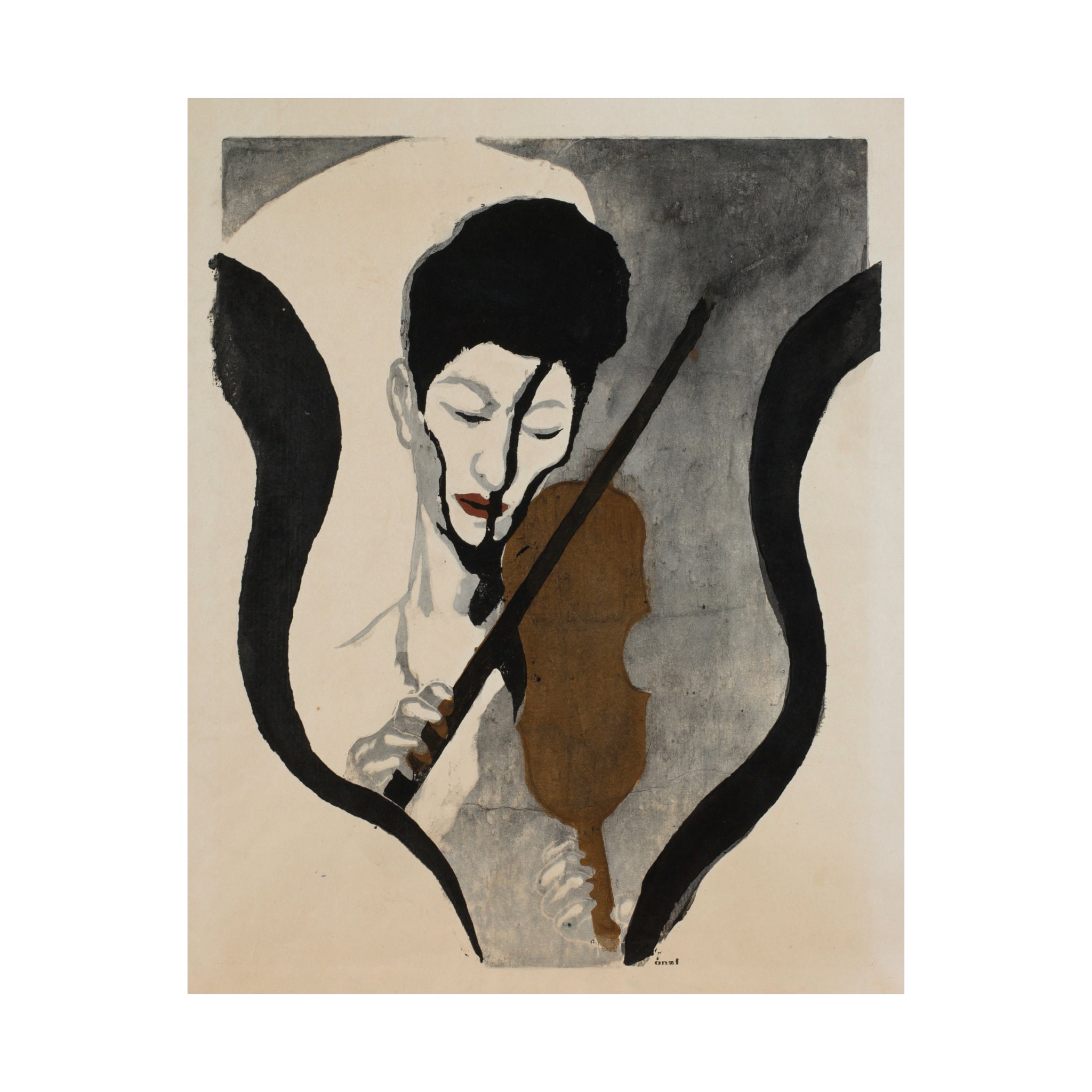 楽器を弾く人　額縁入り　絵画　by M.Onishi Onchi Koshiro - 