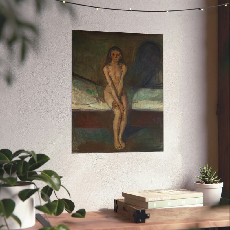 May include: A painting of a nude woman sitting on a bed with a dark figure in the background. The woman has long dark hair and is wearing a white sheet. The painting is done in a dark, moody style with muted colors. The woman's expression is sad and forlorn. The painting is titled 'The Scream' by Edvard Munch.
