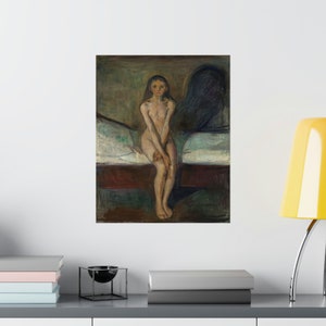 May include: A painting of a nude woman sitting on a bed with her hands clasped in her lap. The woman has long dark hair and is looking down. The background is dark and blurry. The painting is done in a style that is reminiscent of Edvard Munch.