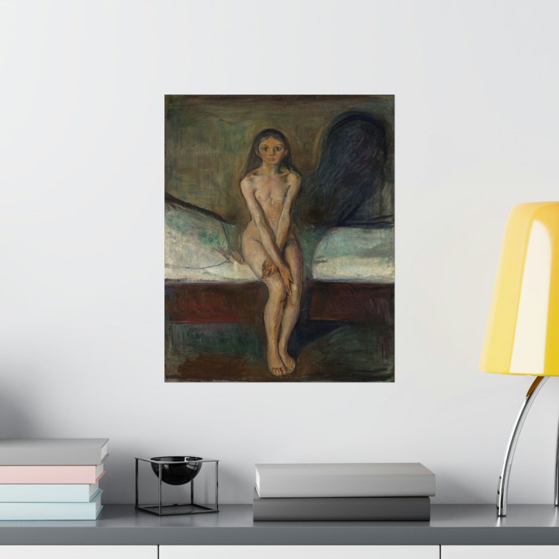 May include: A painting of a nude woman sitting on a bed with her hands clasped in her lap. The woman has long dark hair and is looking down. The background is dark and blurry. The painting is done in a style that is reminiscent of Edvard Munch.