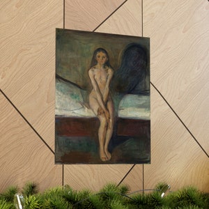 May include: A painting of a nude woman sitting on a bed. The woman has long dark hair and is looking down at her hands. The painting is done in a dark, muted palette with shades of green, brown, and blue. The woman is sitting on a bed with white sheets and a dark brown headboard.