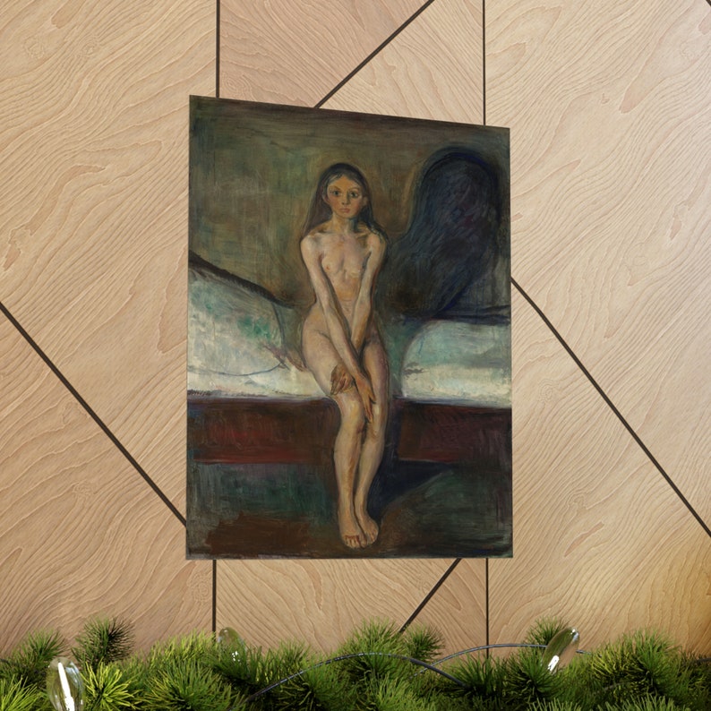 May include: A painting of a nude woman sitting on a bed. The woman has long dark hair and is looking down at her hands. The painting is done in a dark, muted palette with shades of green, brown, and blue. The woman is sitting on a bed with white sheets and a dark brown headboard.