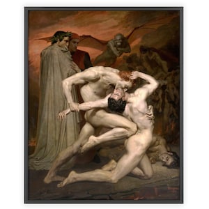 May include: A painting depicting a scene from Dante's Inferno. Two nude men grapple in a fiery underworld, while a winged demon watches from above. Two men in robes observe the scene.