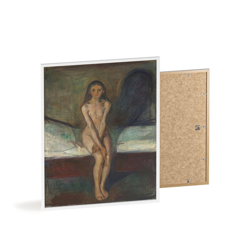 May include: A painting of a nude woman sitting on a bed. The woman has long dark hair and is looking directly at the viewer. The painting is done in a dark, muted palette with shades of green, brown, and blue. The woman is sitting on a bed with white sheets and a dark wooden frame. The painting is framed in a white frame.