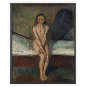 May include: A painting of a nude woman sitting on a bed with a dark blue shadow behind her. The woman has long brown hair and is looking at the viewer. The painting is done in a style that is reminiscent of Edvard Munch's work. The colors are muted and the brushstrokes are visible.