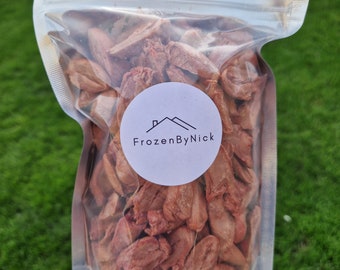 May include: A clear plastic bag filled with small, dried, red-brown pieces of meat. The bag has a white label with the text "FrozenByNick" on it.