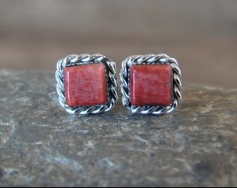 Zuni Indian Sterling Silver & Square Spiny Oyster Post Earrings