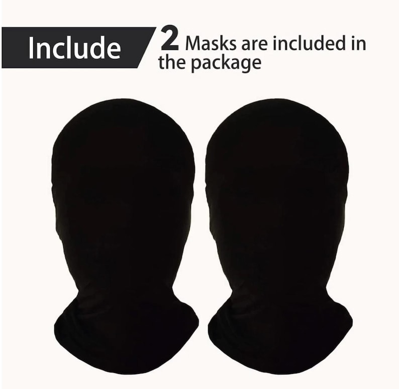 May include: Two black balaclava masks. The text "Include" and "2 Masks are included in the package" is visible in the image.