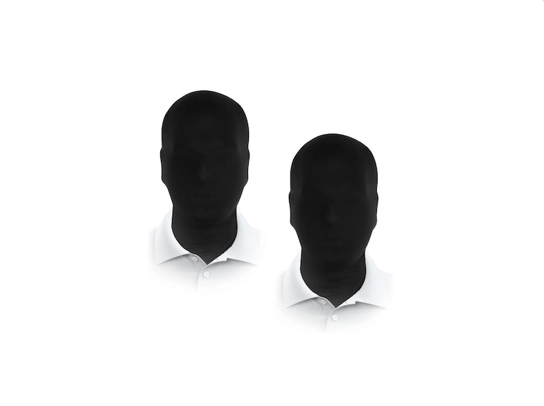 May include: Two black face masks with white collars. The masks cover the entire face and neck.