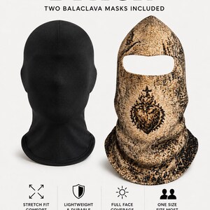 May include: A 2 pack of balaclava masks including one solid black mask and one tan and black tapestry patterned mask with a sacred heart graphic. Text reads 2 PACK, TWO BALACLAVA MASKS INCLUDED, STRETCH FIT COMFORT, LIGHTWEIGHT & DURABLE, FULL FACE COVERAGE, ONE SIZE FITS MOST, ONE BLACK + ONE TAPESTRY.