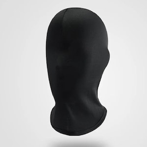May include: A black balaclava made of a stretchy fabric. The balaclava covers the head and neck, leaving only the eyes and mouth exposed.