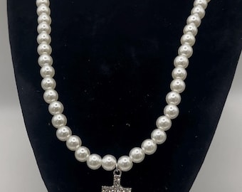 Mens Pearl Necklace with Cross Diamond