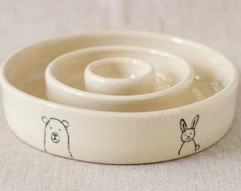Handmade Ceramic Slow Feeder Bowl for Cats and Small Dogs with Bear and Bunny