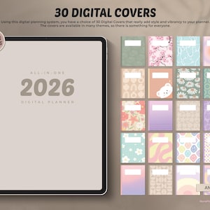 May include: A digital planner for 2026 with 30 digital covers. The tablet displays the planner's cover, with the text "ALL-IN-ONE 2026 DIGITAL PLANNER." The image also shows a variety of colourful cover designs, including floral, abstract, and patterned options.