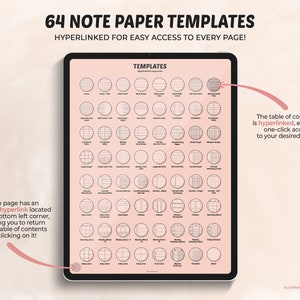 May include: A digital tablet screen displaying a table of contents for 64 note paper templates. Each template is represented by a circle with a different style of lined paper. The table of contents is hyperlinked, allowing users to click on a template to access the corresponding page.