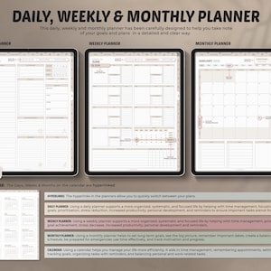 May include: Beige daily, weekly, and monthly planner with hyperlinked calendar pages. The planner includes sections for daily, weekly, and monthly planning, with space for notes and reminders. The planner is designed to help with time management, goal setting, and task prioritization.