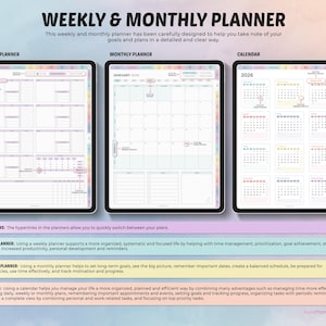 May include: Digital weekly and monthly planner displayed on three tablets. The first tablet shows a weekly planner, the second a monthly planner for January, and the third a 2026 calendar. Text at the top reads "WEEKLY & MONTHLY PLANNER".