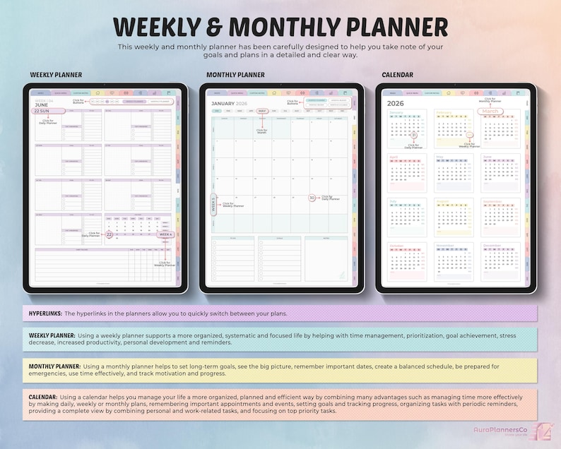May include: Digital weekly and monthly planner displayed on three tablets. The first tablet shows a weekly planner, the second a monthly planner for January, and the third a 2026 calendar. Text at the top reads "WEEKLY & MONTHLY PLANNER".