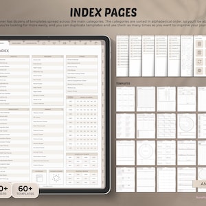 May include: Digital planner with index pages, templates, and over 650 planners. The text reads "INDEX PAGES" and "650+ PLANNERS" and "60+ TEMPLATES". The planner is displayed on a tablet with a neutral colour scheme.
