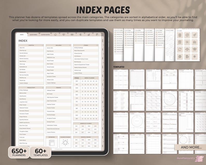 May include: Digital planner with index pages, templates, and over 650 planners. The text reads "INDEX PAGES" and "650+ PLANNERS" and "60+ TEMPLATES". The planner is displayed on a tablet with a neutral colour scheme.
