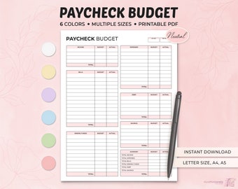 Gehaltscheck Budget Übersicht Vorlage zum ausdrucken, Gehaltscheck Budget Tracker, druckbare Planer, Monatlicher Budgetplaner, Gehaltscheck Budget Tracker