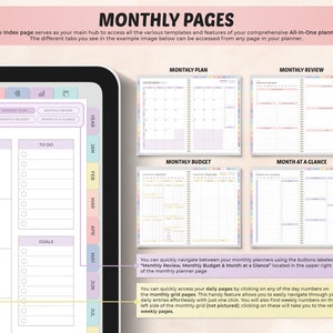 May include: A colorful monthly planner with tabs for "Monthly Plan", "Monthly Review", "Monthly Budget", and "Month at a Glance". The planner has a year tab with months from January to July. The planner has a weekly layout with Saturday, To Do, Goals, and a daily grid.