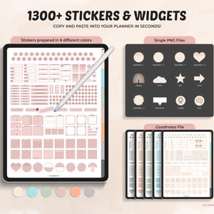 May include: A digital planner screen displaying over 1300 stickers and widgets in six different colors. The stickers are organized into categories and include various shapes, icons, and text boxes. The screen also shows a preview of the stickers in a Goodnotes file.