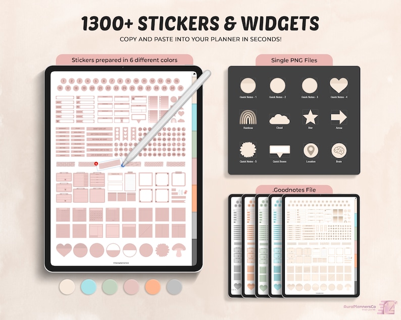 May include: A digital planner screen displaying over 1300 stickers and widgets in six different colors. The stickers are organized into categories and include various shapes, icons, and text boxes. The screen also shows a preview of the stickers in a Goodnotes file.