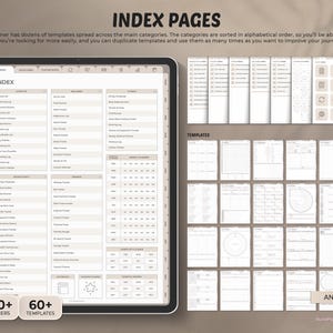 May include: A digital planner with an index page listing over 650 planners and 60 templates. The index page is divided into categories, such as "Checklists", "Meal Planners", and "Habit Trackers".