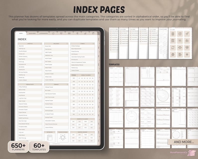 May include: A digital planner with an index page listing over 650 planners and 60 templates. The index page is divided into categories, such as "Checklists", "Meal Planners", and "Habit Trackers".