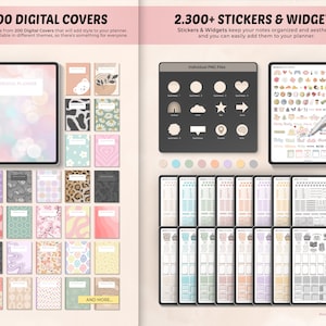 May include: A digital planner with 200 digital covers and 2,300 stickers and widgets. The covers are in various themes, including floral, geometric, and abstract patterns. The stickers and widgets are in a variety of styles, including cute, minimalist, and colorful.