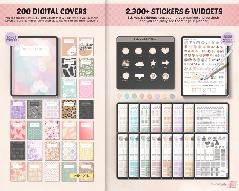 May include: A digital planner with 200 digital covers and 2,300 stickers and widgets. The covers are in various themes, including floral, geometric, and abstract patterns. The stickers and widgets are in a variety of styles, including cute, minimalist, and colorful.