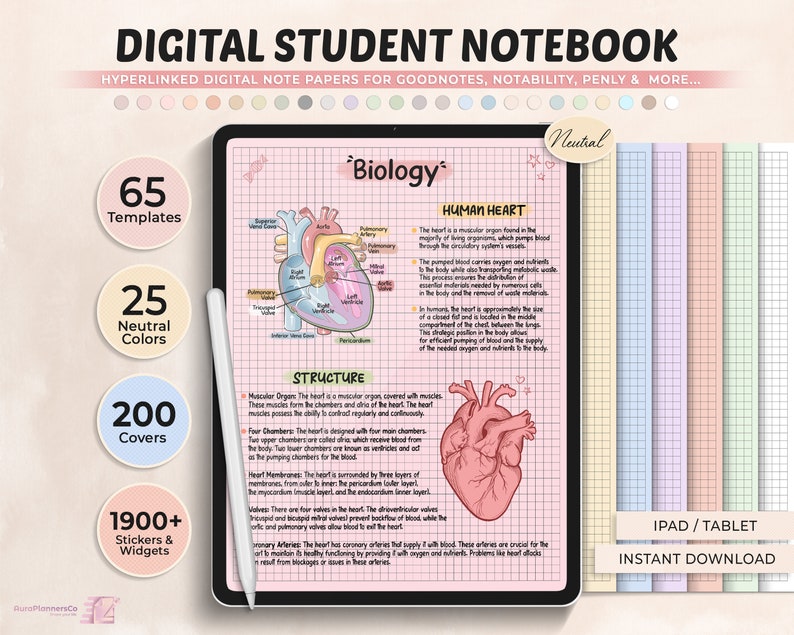 May include: Digital student notebook with 65 templates, 25 neutral colors, 200 covers, and 1900+ stickers and widgets. The notebook features a colorful illustration of the human heart with labeled parts and a description of the heart's structure. The notebook is designed for use with digital note-taking apps like Goodnotes, Notability, and Penly.