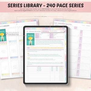 May include: A digital planner with a pink, blue, and yellow color scheme. The planner is designed to help users organize and track their reading. The cover page features the text "Series Library - 240 Page Series".