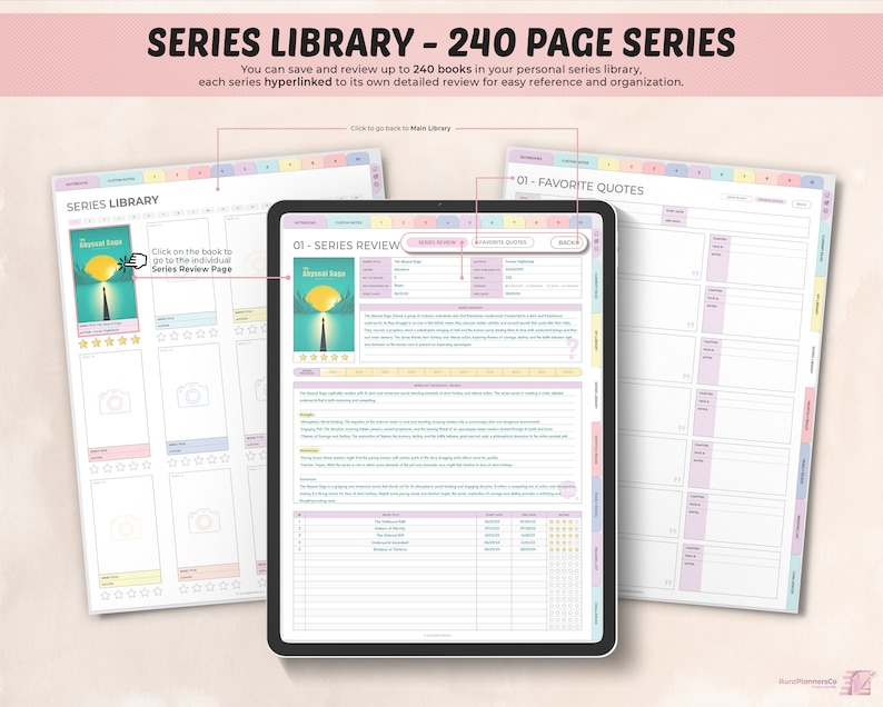 May include: A digital planner with a pink, blue, and yellow color scheme. The planner is designed to help users organize and track their reading. The cover page features the text "Series Library - 240 Page Series".