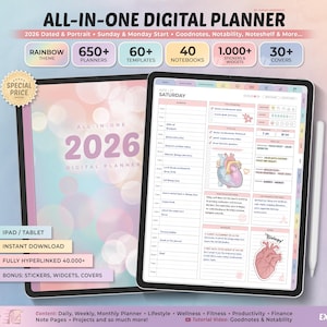 May include: A 2026 digital planner with a rainbow theme, offering over 650 planners, 60+ templates, 40 notebooks, 1,000+ stickers and widgets, and 30+ covers. Designed for iPad/tablet, it includes instant download and fully hyperlinked features.