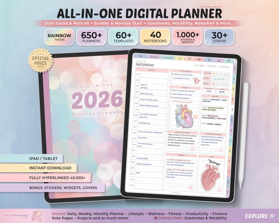 2026 All-in-One Digital Planner: Rainbow Theme, Goodnotes & Notability