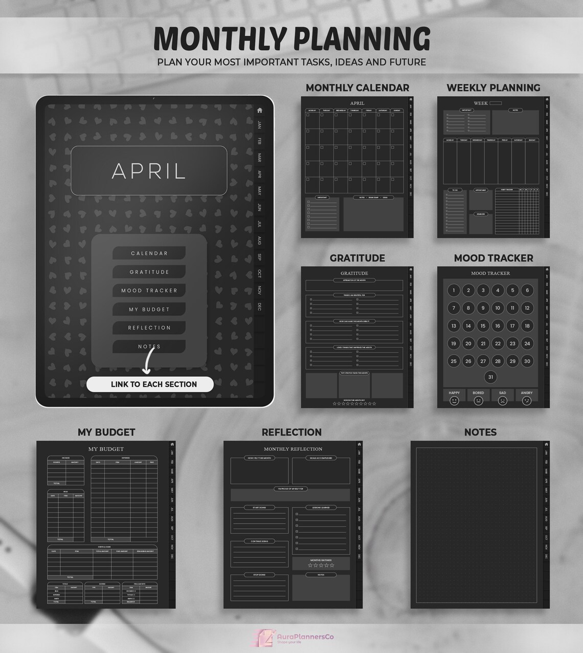 Digital Planner Goodnotes Dark Digital Planner Undated Etsy