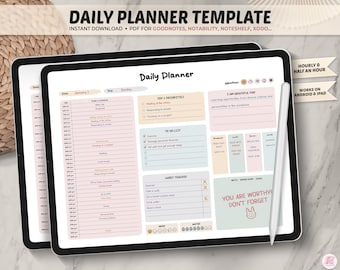 May include: A digital daily planner template for Goodnotes, Notability, Noteshelf, and Xodo. The template features a pink and blue color scheme with a daily schedule, to-do list, habit tracker, and a motivational quote: "You are worthy, don't forget."