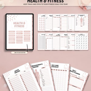 May include: A digital health and fitness planner with tracking pages for yoga, weight loss, and body measurements. The planner has a pink and white design, with the words "Health & Fitness" displayed prominently. Includes a water tracker.