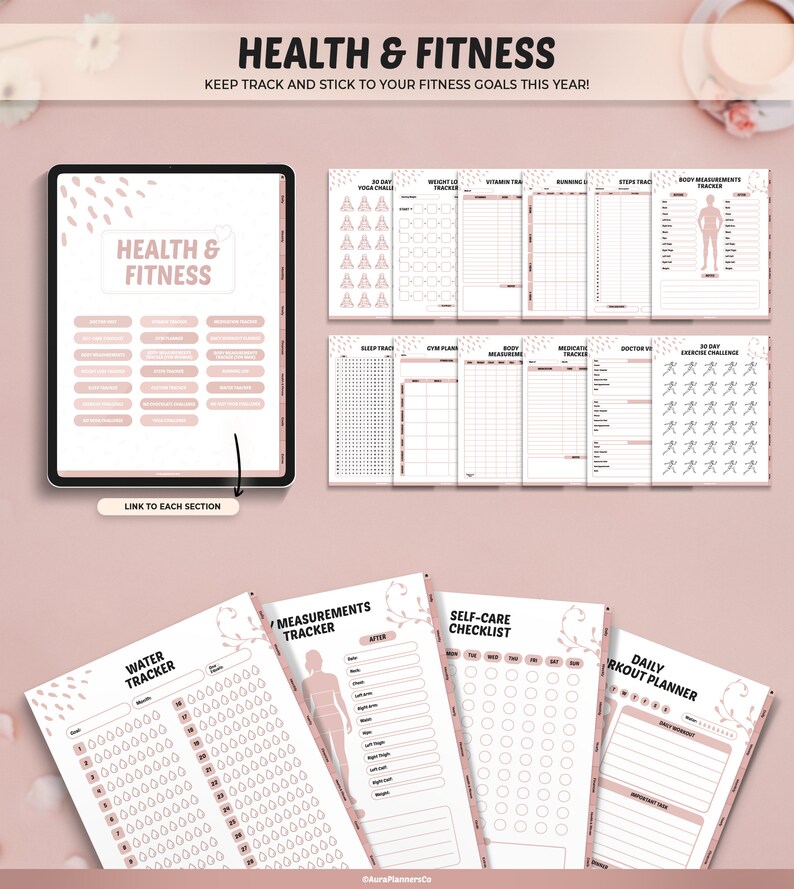 May include: A digital health and fitness planner with tracking pages for yoga, weight loss, and body measurements. The planner has a pink and white design, with the words "Health & Fitness" displayed prominently. Includes a water tracker.