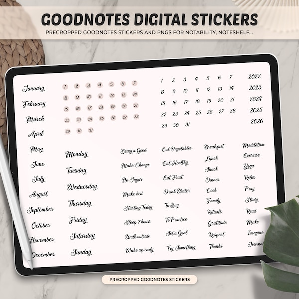 Functional Black Digital Stickers, Goodnotes Digital Stickers, Days of the week, Month Digital Stickers, Digital Planner Stickers Precropped