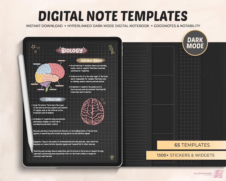 May include: A digital notebook template for Goodnotes and Notability apps. The template features a dark mode design with a biology themed page showing a diagram of the human brain. The text on the page includes the words "Biology", "Human Brain", and "Structure". The template also includes a variety of other dark mode templates, stickers, and widgets.